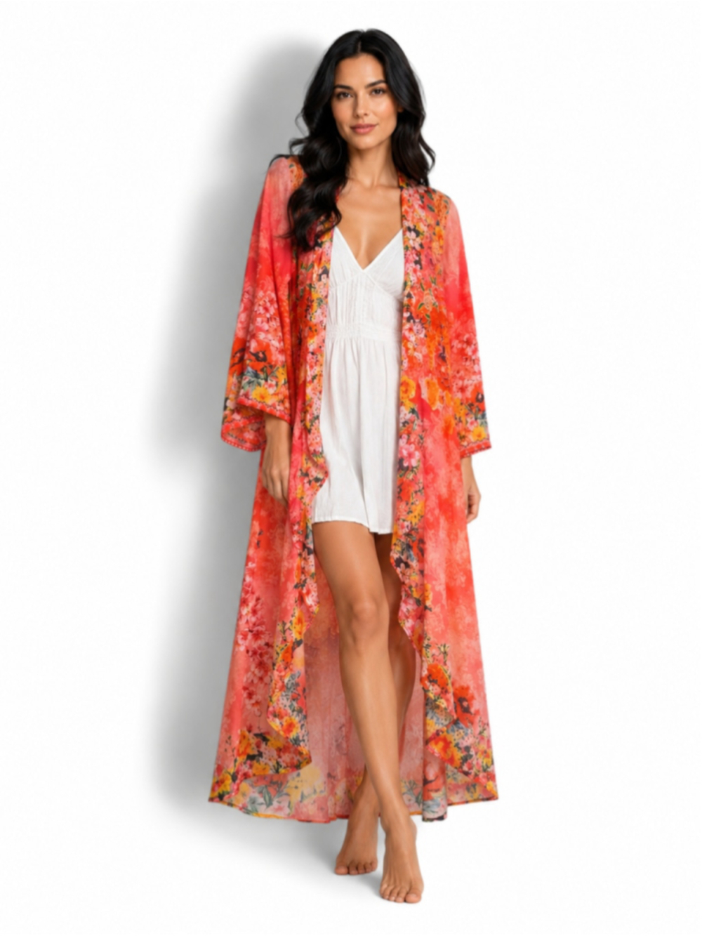 Ranee's Floral Caftan Coverup Kimono Ruffle Duster OS Sunmer Resort Wear